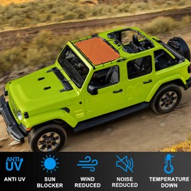 Coverspec JT JL Top Sun Shade Roof Compatible with Jeep Wrangler and Gladiator 2 or 4 Door 2018 to 2023 Sunshade Sunroof Blocks UV Wind Noise Orange Mesh for Front