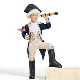 IKALI Kids George Washington Costume With Wig and Hat Accessories, Boys Children Hamilton American Colonial Day Outfit Uniform 4-6 Years