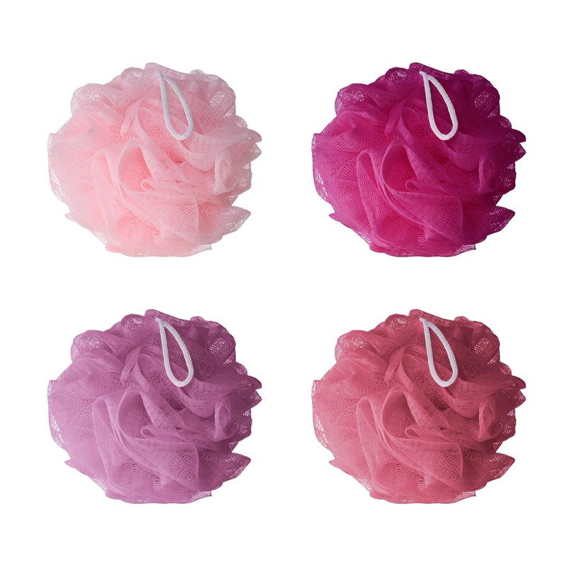Bliss 4-Pack Shower Pouf Set with Mesh Bag - Pink