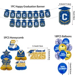 Graduation Decorations Class Of 2025, Graduation Party Decorations Including Congrats Grad Banner Backdrop Hanging Swirls Latex Balloons Honeycomb Centerpieces, Graduation Party Supplies(Blue Gold)