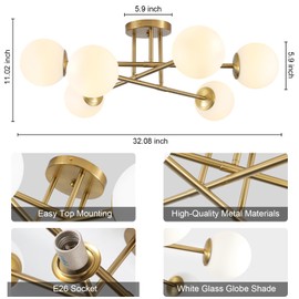 OFLNLL 6-Light Glass Sputnik Chandeliers Gold Sputnik Ceiling Light Fixture with Milk White Glass Globe Flush Mount Ceiling Light Fixture for Dining Room Farmhouse Kitchen Living Room Bedroom