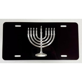 Jewish Menorah Diamond Etched Engraved Car Tag Vanity Front License Plate