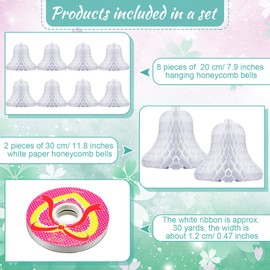 10 Pcs Wedding Bells Hanging Honeycomb Wedding Decorations Bridal Honeycomb Bells Decorating Supplies with 2 Rolls Ribbon for Reception for Weddings, Parties, 7.9 Inch,11.8 Inch(White)