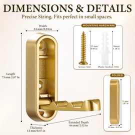 Folding Wall Hooks, 2 Pack Gold Heavy Duty Coat Hooks, Screw Mounted