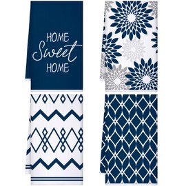 Kajaia 4 Pcs Blue Kitchen Towels Summer Boho Dish Towels Geometric Tea Towels Modern Decorative Hand Towels Absorbent Towels for Home Bathroom Housewarming Gifts(Dark Blue Series)