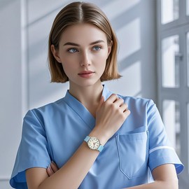 Szaikyri Nurse Watch for Women, Medical Professionals and Students with Luminous Easy to Read Military Watch Time Disc Unisex Sports Watches Waterproof, Sky Blue, Strap.