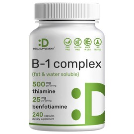 Deal Supplement Vitamin B1 500mg with Benfotiamine, 240 Capsules – 2 in 1 Enhanced Formula – Fat & Water Soluble Thiamine B1 Supplement – Third Party Tested, Non-GMO, No Gluten