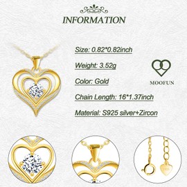MOOFUN 925 Sterling Silver Necklace Zircon Heart Necklaces for Women Teenage Girls Love Pendant Necklace Ladies Necklace Jewellery Mothers Day Female Mum Friend Wife Sister Birthday Wedding Gifts Gold