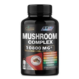 Organic Cadane 19in1 High Strength Mushroom Supplement 10800mg - Lions Mane, Cordyceps Sinensis, Reishi & More - 4-Month Supply for Brain Health, Focus & Immune System - 120 Capsules