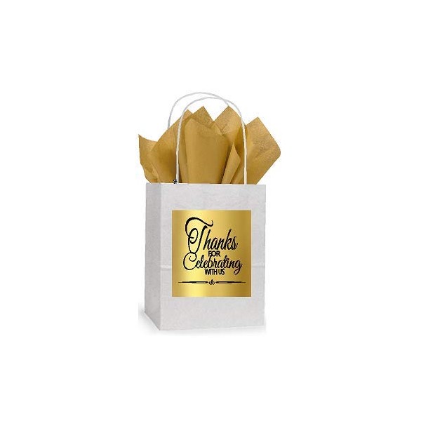 Thanks for Celebrating White and Gold Themed Small Party Favor Gift Bags Tags -12pack