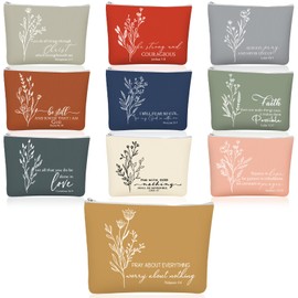 Huhumy 10Pcs Christian Gifts for Women Religious Cosmetic Bags Inspirational Bible Verse Pencil Pouch Canvas Makeup Bags Bulk with Zipper for Mother Sister Church Favors(Bright,Bible)