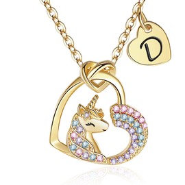 Aueoero Gifts for Girls Kids, Initial Unicorns Necklace for Girl Teens Initial Heart Pendant, Girls' Birthday, Christmas Gift (D, Gold)