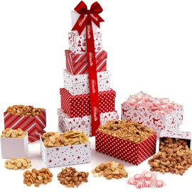 Gift Basket Tower with Fresh Nuts & Snacks, Gourmet Cravings Indulgence - 6 Tier Food Basket Gift Set, Great Gift Present for Men & Women.