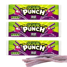 SOUR PUNCH Grape Straws Candy, 2 oz Pack of 3 - Chewy, Mouthwatering Grape-Flavored Sour Candy - Fat-Free, Low Sodium Treat for Kids & Adults - Perfect for Convenience Stores, Mini-Marts, Movie Nights & More!