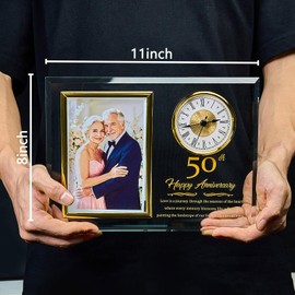 Dxaeqr 50th Wedding Anniversary Keepsake for Couples, Crystal Glass Photo Frame Clock, Golden Anniversary Present for Parents Grandparents Wife Husband, Holds 4x6 Photo