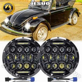 JESUO For 1950-1979 VW Beetle Pair 7" inch Round LED Headlights Hi/Lo Beam Chrome DOT
