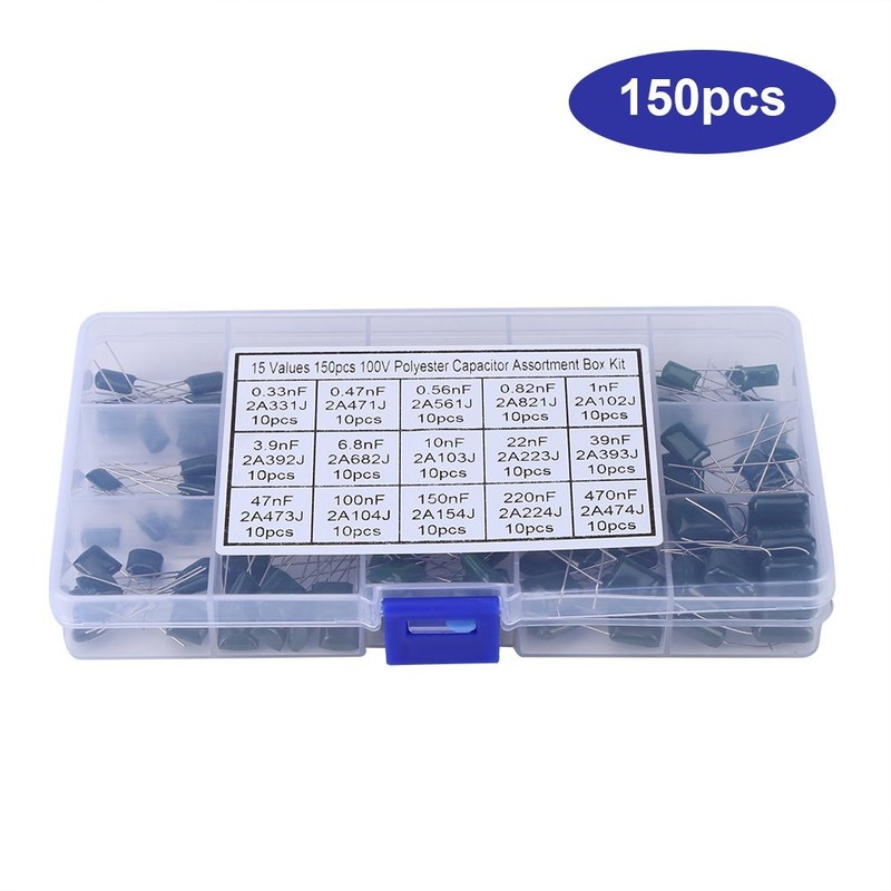 15 Value 150 Pieces Polyester Capacitors Assortment Kit Box 100V