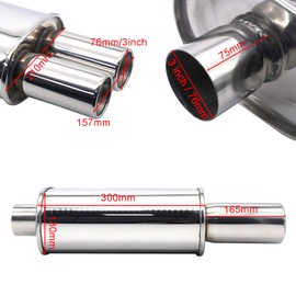 Vechkom Exhaust Muffler Y Pipe 3" (76MM) Single Inlet/ 3" (76MM) Dual Outlet Silver Stainless Steel Car Silencer 11.8 Inch (300MM) Oval Body Length Exhaust Back Box Twin Tips Welded Turbo Muffler