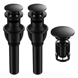 Bathroom Sink Drain with Overflow, Universal Bathroom Sink Stopper for Bathroom Vanity Vessel Sink, Rapid Draining Plastic Pop-up Sink Drain with Hair Catcher Anti-Clog Strainer, 2 Pack, Matte Black
