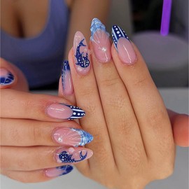 Gleamrain Cute Fall Press on Nails Medium Almond Press Ons with Whale Shark Desgins 3d Pink and Blue Fake Nails for Women and Girls Parties 24pcs