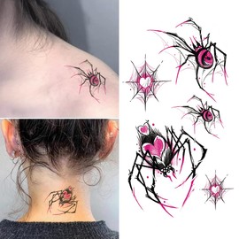 Oottati Small Cute Temporary Tattoo Sticker Set of 2 - Halloween Scary Black Pink Spider Heart Net Designs for Hand Neck Face Wrist, Waterproof Fake Body Art, Simple & Modern Unisex Skin Decals