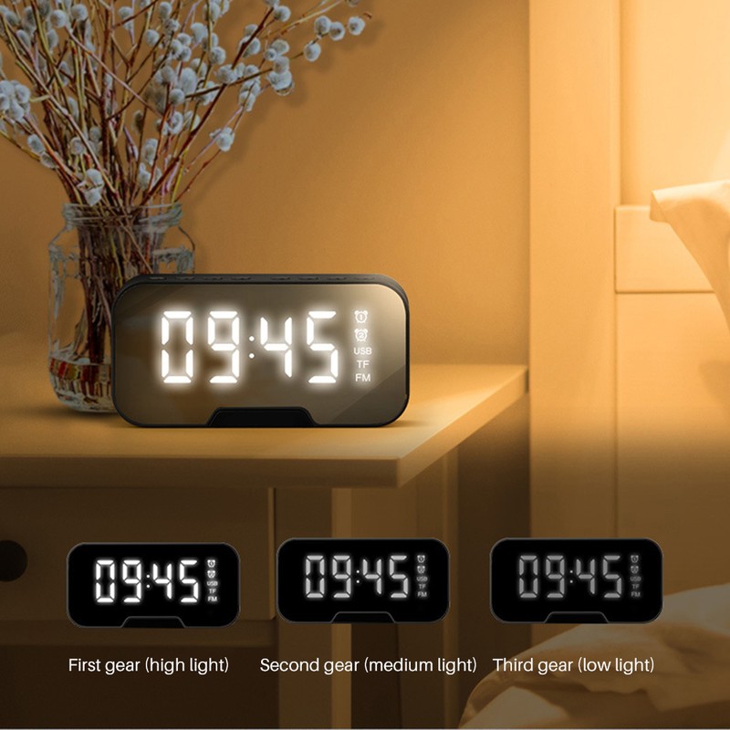 Bedside Desktop Bluetooth Mirror Surface LED Alarm Clock Speaker FM