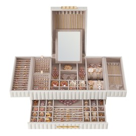 SONGMICS HOME ANAH Collection - Large Capacity Jewelry Box with Mirror, Jewelry Organizer with a Drawer, PU Surface with Stitching, 10.6 x 15 x 6.3 Inches, Gift, Cloud White UJBC184W01