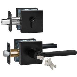 HISAFE Keyed Entry Door Handle with Single Cylinder Deadbolt Combo, Keyed Alike(Same Keys Only Per Set) Front Door/Exterior Door Lever Lockset, Matte Black, 1 Set