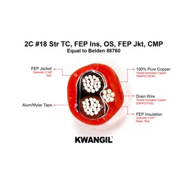 KWANGIL Equal to Belden 88760 18AWG 1Pr High Temp 300V 200C Plenum Rated CMP Str TC FEP Ins Overall Shielded FEP JKT for Communications, Audio, Control, Signaling, Power-Limited Systems Red 100FT