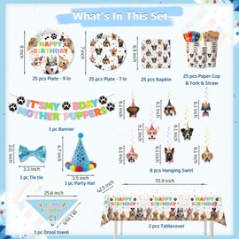 Yingoto Dog Birthday Decorations, with Dog Bandana, Party Hat, Bowtie, 25 Serves Dog Birthday Disposable Tableware Set, with Banner Plates Napkins, and Cups Table Cloth for Puppy Party Decorations