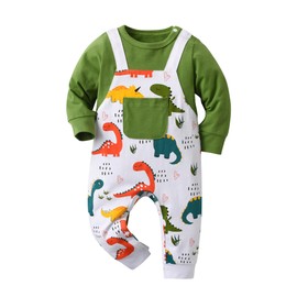 Infant Baby Boys Clothes Long Sleeve Rompers Jumpsuit Dinosaur Print Decorative Overall Pants One Piece Bodysuit Set Green 9-12 Months
