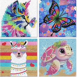 Aieraczy Pack of 4 5D Diamond Painting Pictures Children, Diamond Painting Full Set, Diamond Painting Animals Small, DIY Diamond Painting, Crafts Girls 6-12 Years, for Gift Boys, Adults