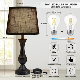 Luvkczc Touch Table Lamps Set of 2, 22" Tall Bedside Lamps with USB C+A Charging Ports, Nightstand Lamps for for Bedroom, Living Room, Office, Black Lamps, LED Bulbs Included