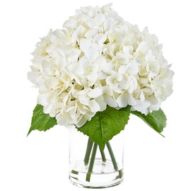 White Artificial Hydrangea Flowers with Glass Vase