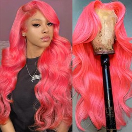 cute fairy 28 Inch Pink Lace Front Wig Human Hair Body Wave Colored Wigs 200% Density Hot Pink Wig Human Hair 13x6 Pre Plucked with Baby Hair Glueless for Women