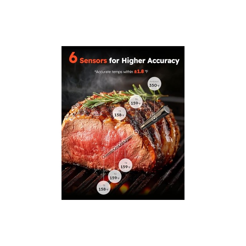 Termómetro inteligente inalámbrico Bluetooth para carne, base independiente, 6 sensores