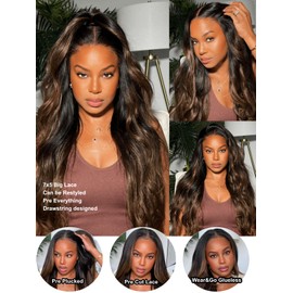 UNICE Chestnut Brown Ombre Yaki Straight 7x5 Pre Cut HD Lace Front Wigs Human Hair with Drawstring Bye Bye Knots Glueless Wig Pre Plucked Bleached Knots Natural Hairline 150% Density 20 inch