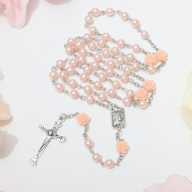 KIMUWHI Pink Catholic Rosary Necklace for Women, Simulated Pearl Prayer Beads with Rose Accents, Silver Crucifix & Our Lady of Lourdes Medal, Religious Gift for Her