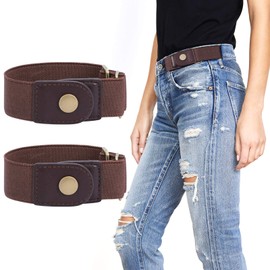 WERFORU 2 Pack No Buckle Invisible Elastic Belt for Women Men 2 Loop Unisex Stretch Buckle-Free Belt for Jeans Pants, Coffee,Fits 2 loop distance : 3"-6”