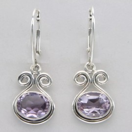 Amber America Facetted Oval Purple AMETHYST Leverback Swirl Earrings 925 STERLING SILVER #27e