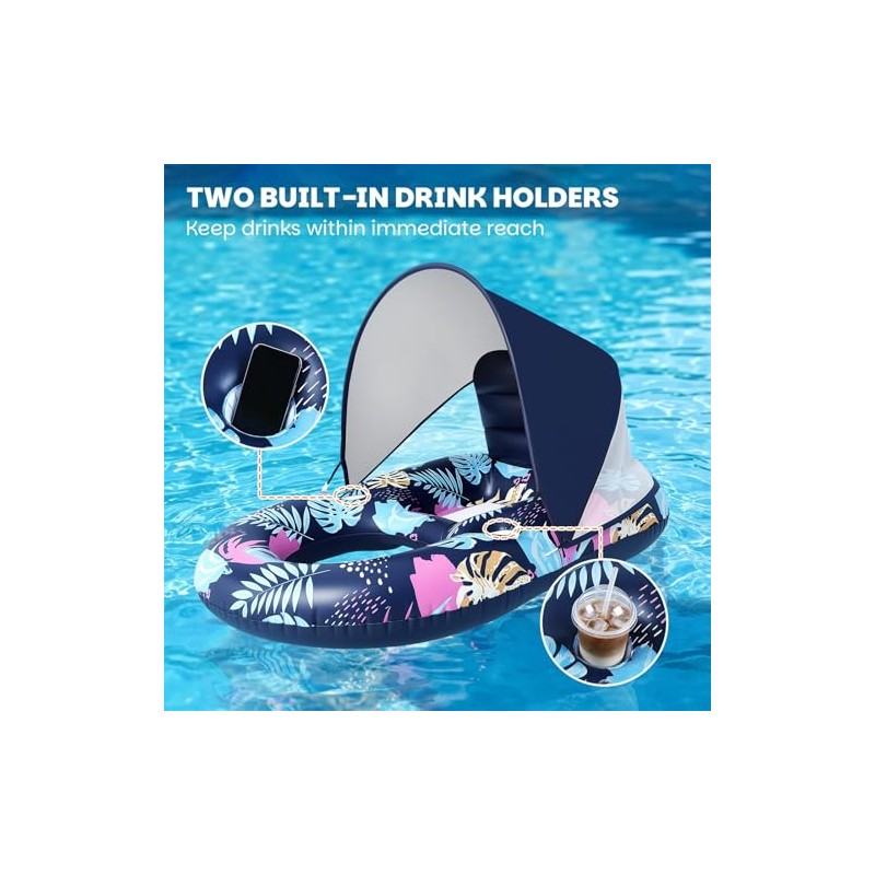 Inflatable Pool Floats with UPF50+ Canopy-Removable-120° Adjustable, Large Pool Beach