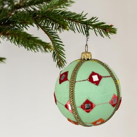 Kalinda Handmade Upcycled Bauble | 8cm Light Mint with Red, Orange & Pink Accents | Unique Christmas Ornament | Eco-Friendly Décor | Sustainable Whimsical Tree Decoration