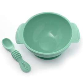 PrimaStella Unbreakable Silicone Non-Slip Bowl and Chew Spoon Set for Babies and Toddlers (Dark Green)