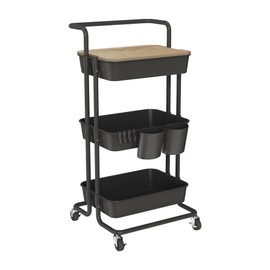 DTK 3 Tier Rolling Cart Uility Cart with Cover Board, Mobile Storage Cart with Wheels, Cups, Hooks for Office Utility Kitchen Bathroom Homeschool Art Craft Postpartum Teacher Cart Organizer(Black)