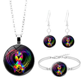 Autism Awareness Ribbon Necklace Earring Bracelet Colorful Puzzle Piece Pendant Jewelry Set Gift for Autism Mom/Autism Teacher