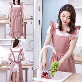 Oaygat Chef Apron Solid Color Pinafore Kitchen Apron with 2 Pockets Casual Bib Apron Cooking Gardening Apron for Women Adjustable Ruffle Apron Women's Cooking Apron for Baking Gardening Work Apron