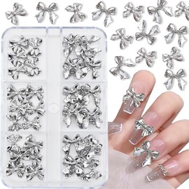 Nail Charms, Bow Nail Charms 3D Silver Bow Nail Art Decoration, 3D Acrylic Bow Nail Art Rhinestones Nail Gems for Women Acrylic Nail