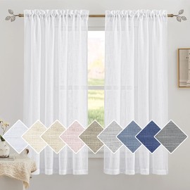 RYB HOME Semi Sheer Linen Curtain - Half Transparent Privacy Sunlight Glare Filtering Boho Drapes for Living Room Bedroom Window, Width 52 x Length 63 inch, White, 2 Panels