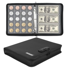 Coin Collection Book Supplies with Lock, Fireproof Money Collecting Album for Collector丨520 Coin Sleeve & 36 Currency Sleeve, Coin Holder for Collector, Collecting Supplies for Bill, Pennies,Quarters