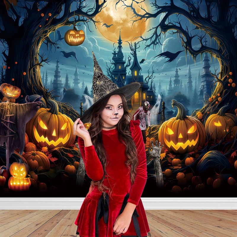 10x8ft Halloween Theme Backdrop, Dark Forest Scary Castle and Pumpkin